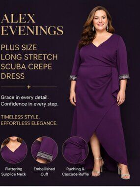 Alex Evenings Plus Size 18W Purple Eggplant Stretch Scuba Gown Formal Dress NWT